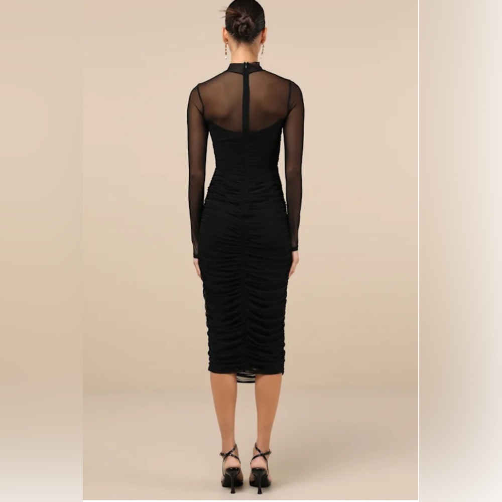 LULU'S Impressive Flirt Black Mesh
Ruched Mock Neck Midi Dress in BLACK - Picture 2 of 16